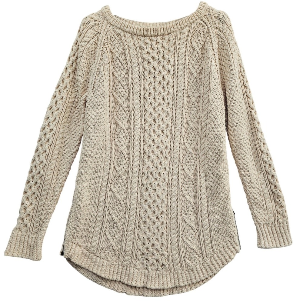 LL Bean Signature Sweater Womens M Ivory Solid Cable Knit Cotton Side Zip 297470